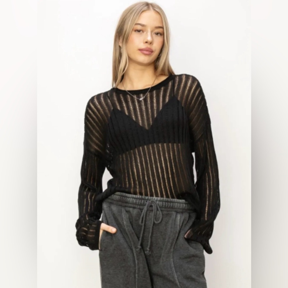 HYFVE Openwork Ribbed Long Sleeve Knit Top